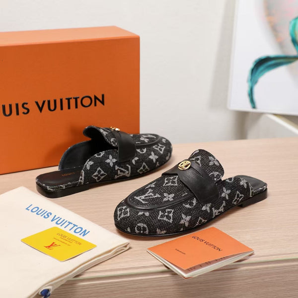 LV 25C Flat Mule Black Monogram Denim Fabric 218314