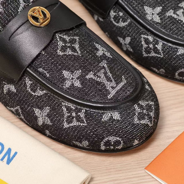 LV 25C Flat Mule Black Monogram Denim Fabric 218314