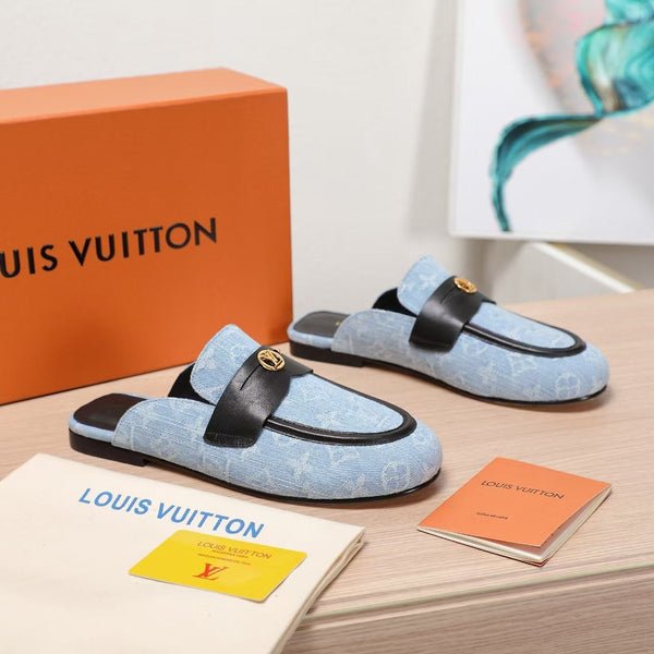 LV 25C Flat Mule Blu Pastello Monogram Pelle di Vacchetta 218316