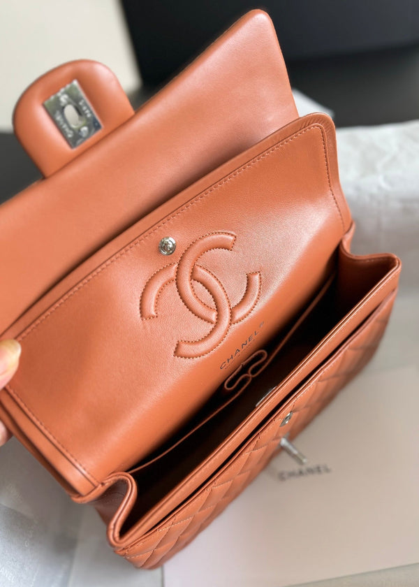 flap bag medium 25 brown lambskin silver hardware