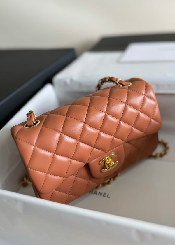 flap bag mini 20 brown lambskin gold hardware