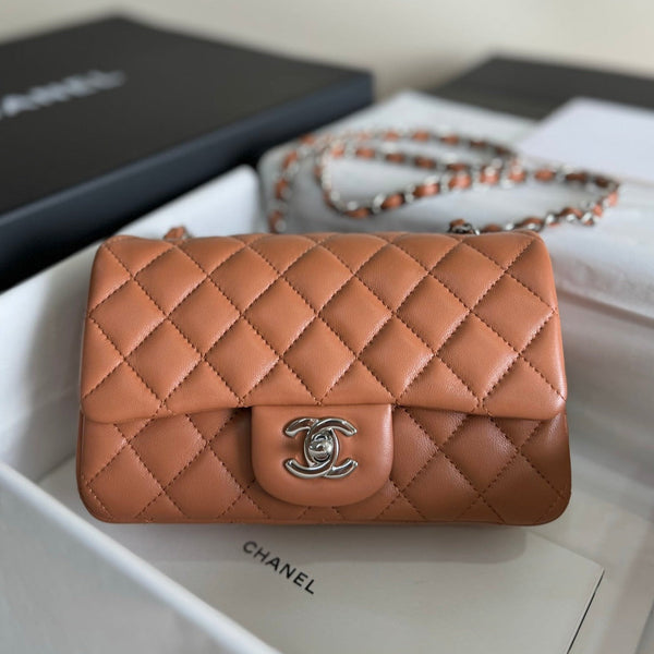 flap bag mini 20 brown lambskin silver hardware