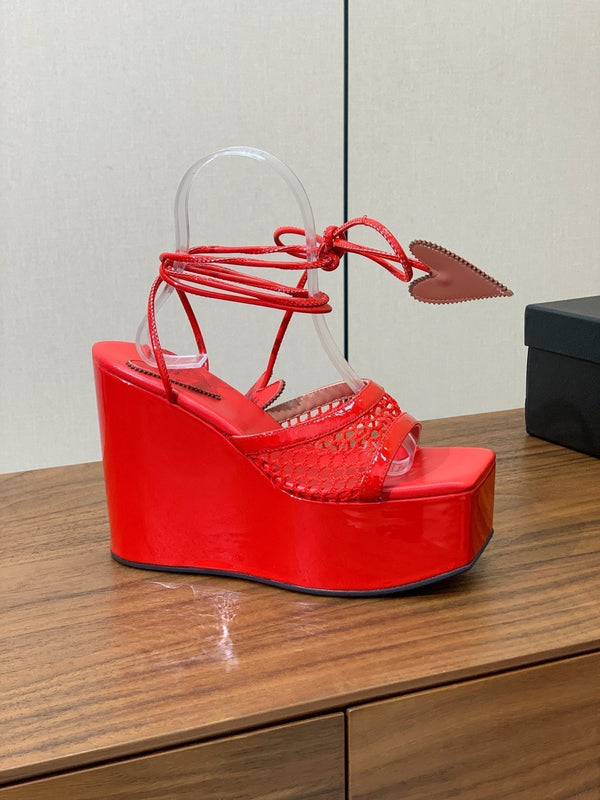 ALAIA BANQUET WEDGE SANDALS IN CHERRY RED LAMBSKIN WITH RED HEART
