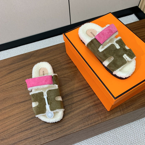 HM Chypre Sandal In Army Green Mix Pink Fleece And Suede 984192