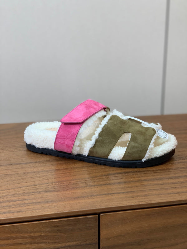 HM Chypre Sandal In Army Green Mix Pink Fleece And Suede 984192