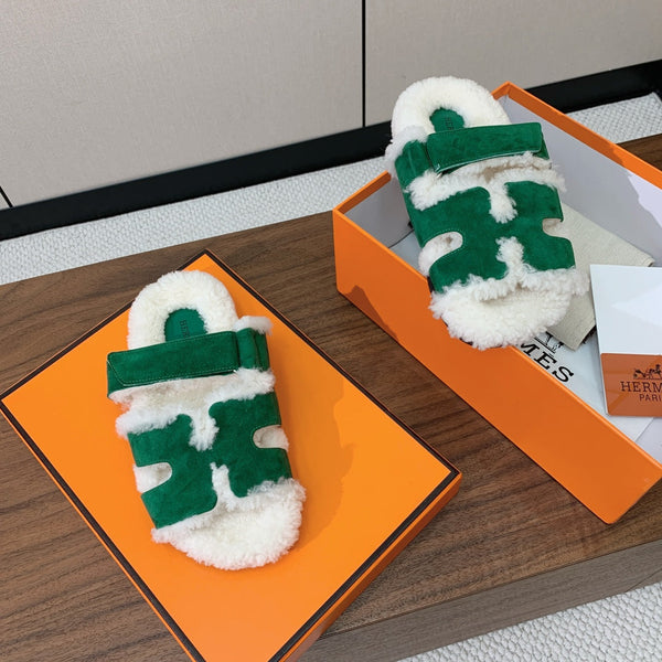 HM Chypre Sandal In Dark Green Mix White Fleece And Suede 984195