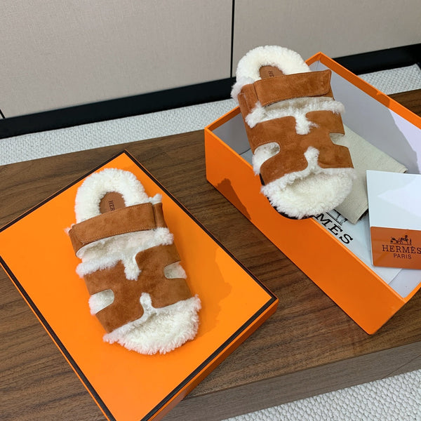 HM Chypre Sandal In Brown Orange Mix White Fleece And Suede 984198