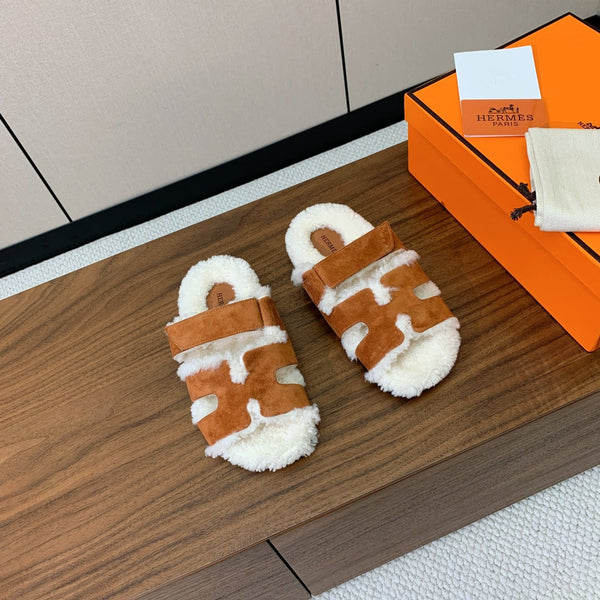 HM Chypre Sandal In Brown Orange Mix White Fleece And Suede 984198