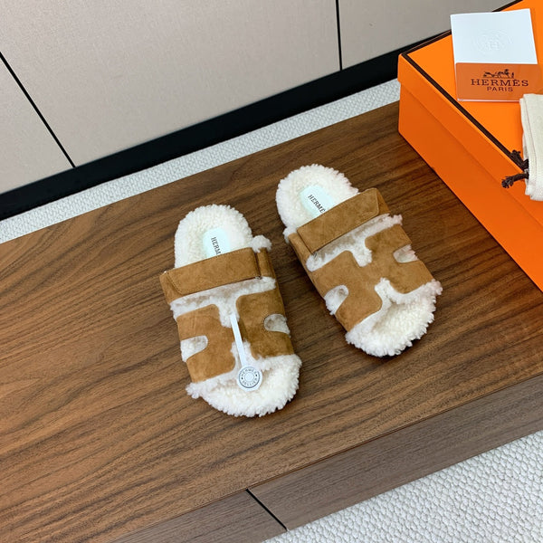 HM Chypre Sandal In Brown Mix White Fleece And Suede 984200