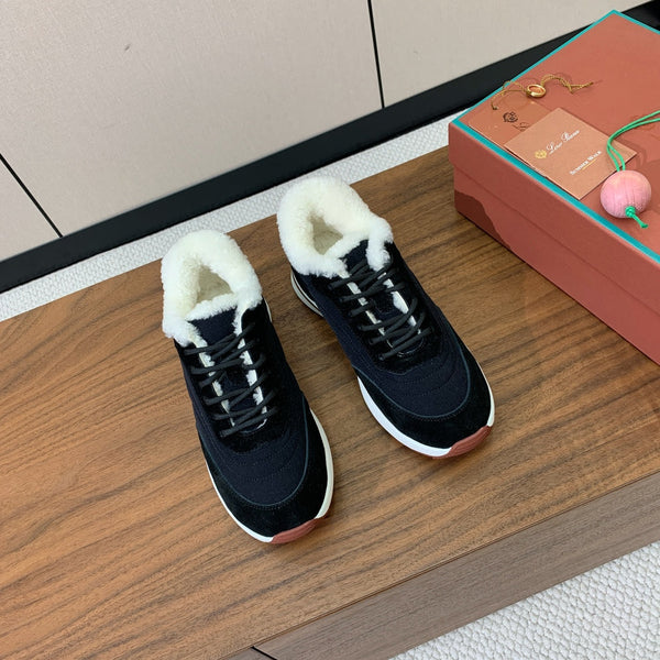 LP Week-end Walk Sneakers In Black Mix Navy Blue Denim With Wool Fleece Lining 984281