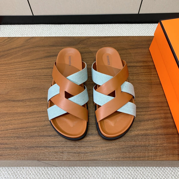 HM Kazimir Sandal Light Blue Brown Canvas Calfskin 294000