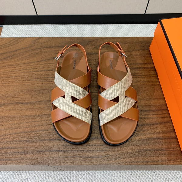 HM Heracles Sandals Brown Beige Frabic Calfskin 294068