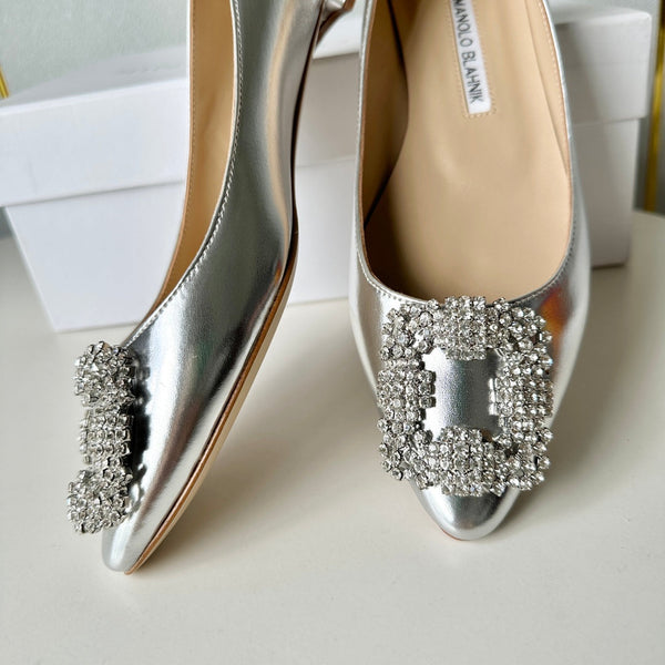 Manolo Diamond Buckle Pumps Silver Mirror Cowhide 451180