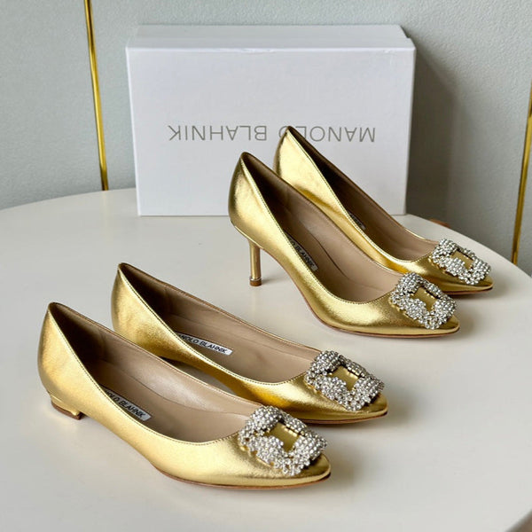 Manolo Diamond Buckle Pumps Gold Mirror Cowhide 451182