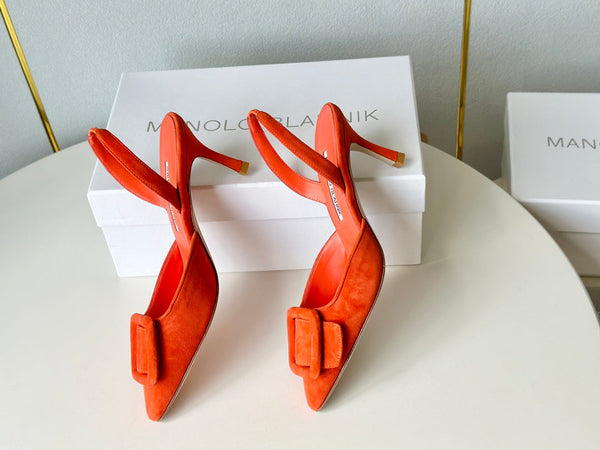 Manolo Slingback 7cm Orange Suede Leather Bottom 451201