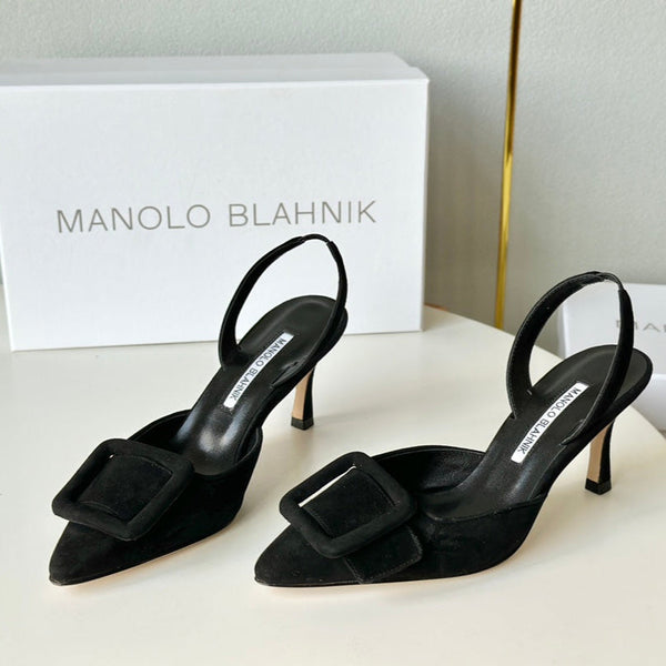 Manolo Slingback 7cm Black Suede Leather Bottom 451205