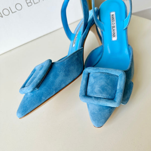 Manolo Slingback 7cm Blue Suede Leather Bottom 451207