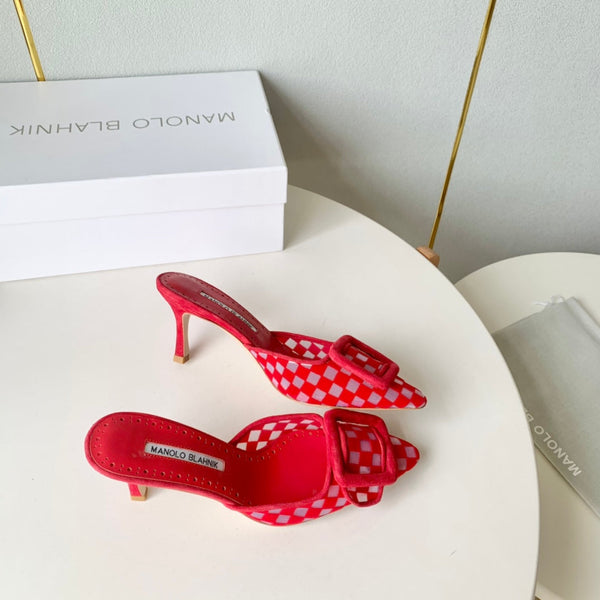 Manolo Mules Latest Checkerboard Red Fabric Leather 528007