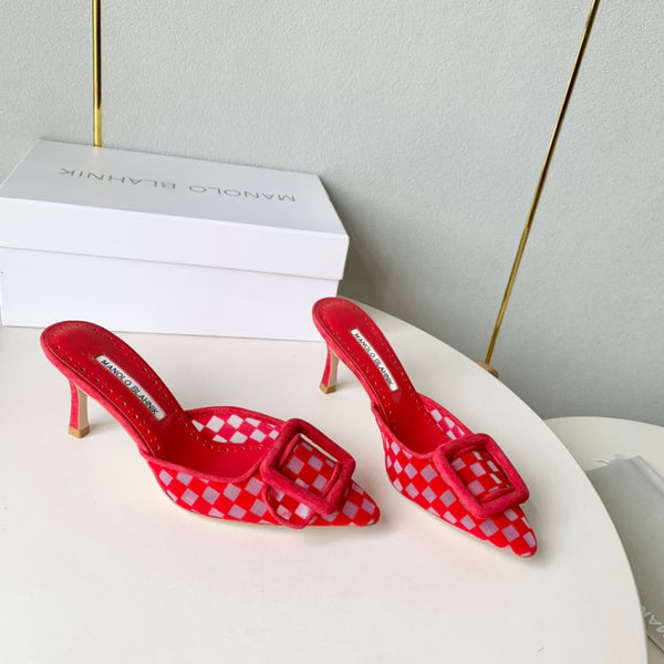 Manolo Mules Latest Checkerboard Red Fabric Leather 528007