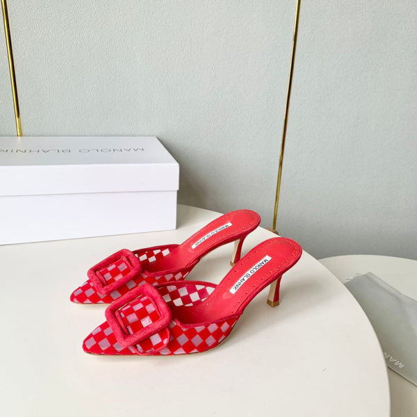 Manolo Mules Latest Checkerboard Red Fabric Leather 528007