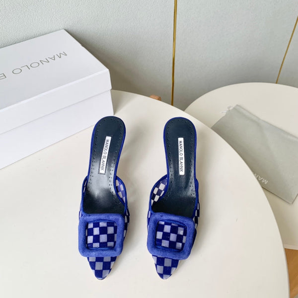 Manolo Mules Latest Checkerboard Blue Fabric Leather 528008