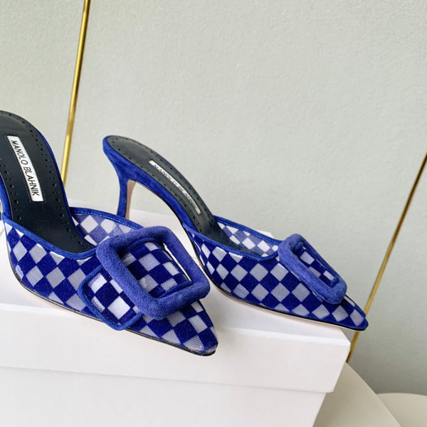 Manolo Mules Latest Checkerboard Blue Fabric Leather 528008