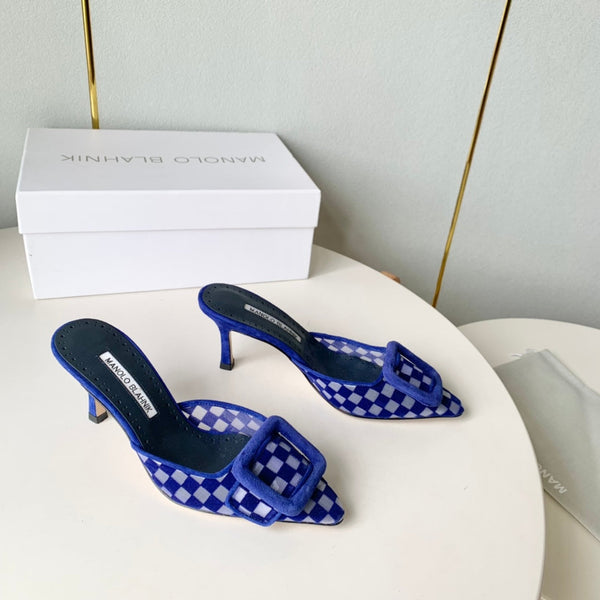 Manolo Mules Latest Checkerboard Blue Fabric Leather 528008
