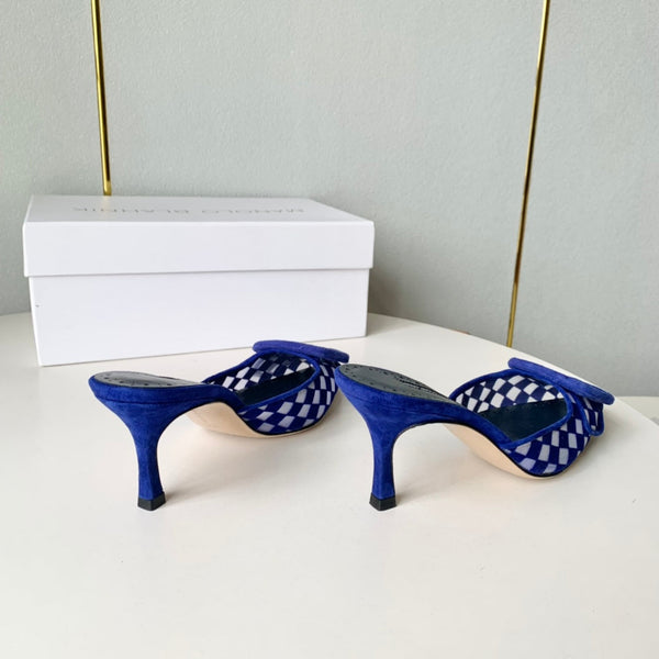 Manolo Mules Latest Checkerboard Blue Fabric Leather 528008