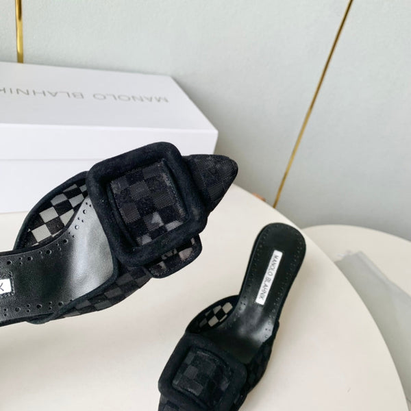 Manolo Mules Latest Checkerboard Black Fabric Leather 528010
