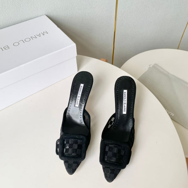 Manolo Mules Latest Checkerboard Black Fabric Leather 528010