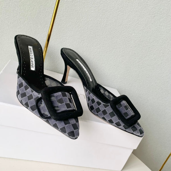 Manolo Mules Latest Checkerboard Grey Fabric Leather 528009