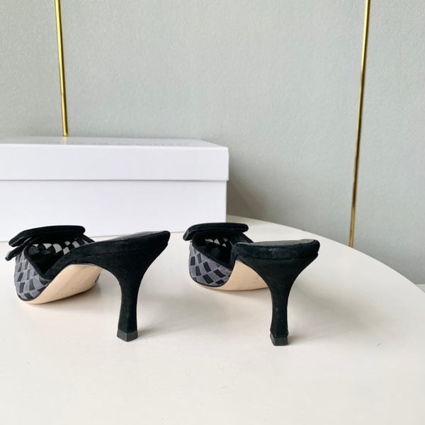 Manolo Mules Latest Checkerboard Grey Fabric Leather 528009