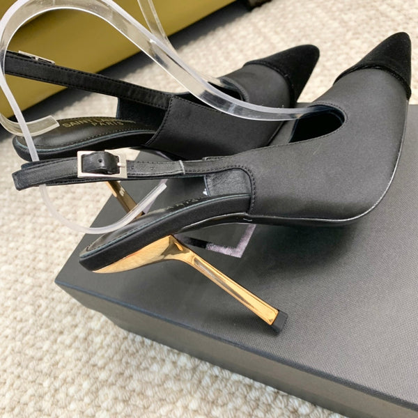 SL CAP-TOE SLINGBACKS BLACK SATIN AND VELVET