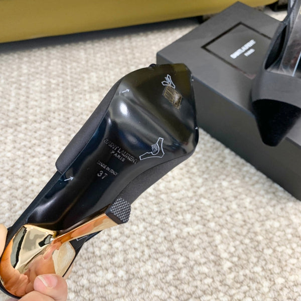 SL CAP-TOE SLINGBACKS BLACK SATIN AND VELVET