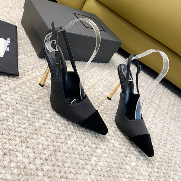 SL CAP-TOE SLINGBACKS BLACK SATIN AND VELVET