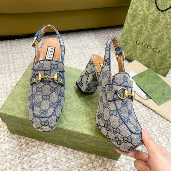 GG HIGH - HEEL SLINGBACK WITH HORSEBIT LIGHT GRAY CALFSKIN