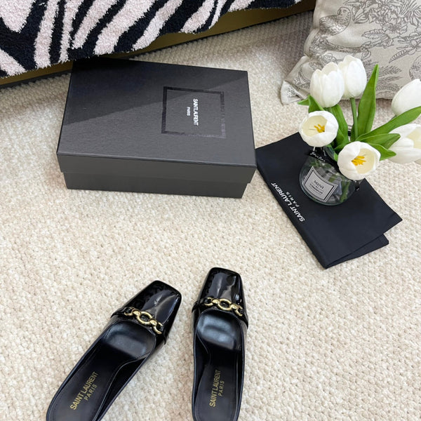SL SQUARE TOE MULES BLACK CALFSKIN