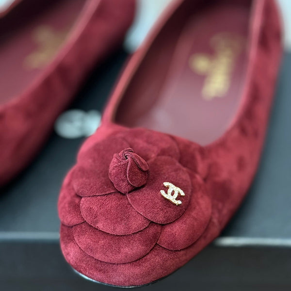 CC Ballet Flats Red With Camellia Red Suede