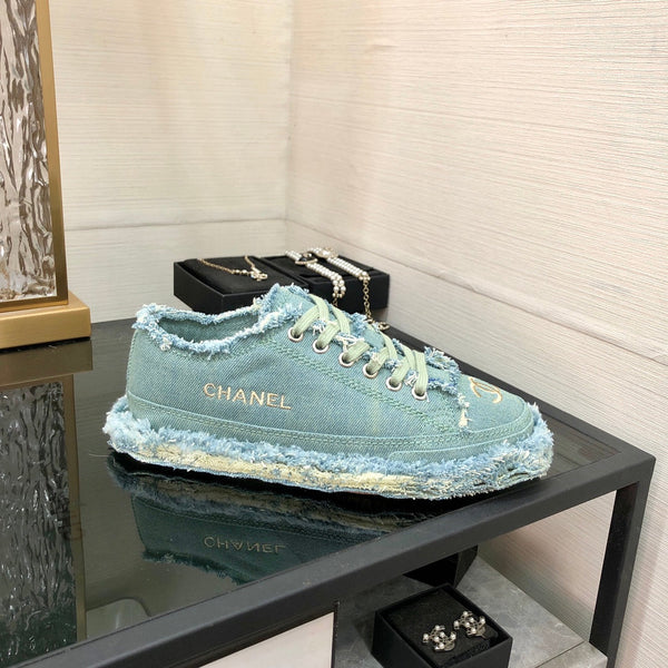 CC Sneaker Turquoise Fringe Denim Fabric