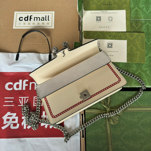 DYONYSUS SMALL SHOULDER BAG 25 IN BEIGE MIX RED CALFSKIN DRAGON LOGO PRINT