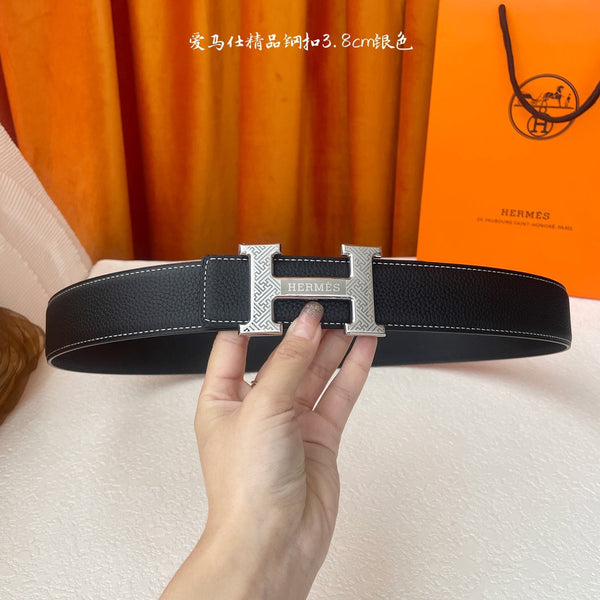 HM Silver Buckle H Belt 38mm Black Calfskin 187186