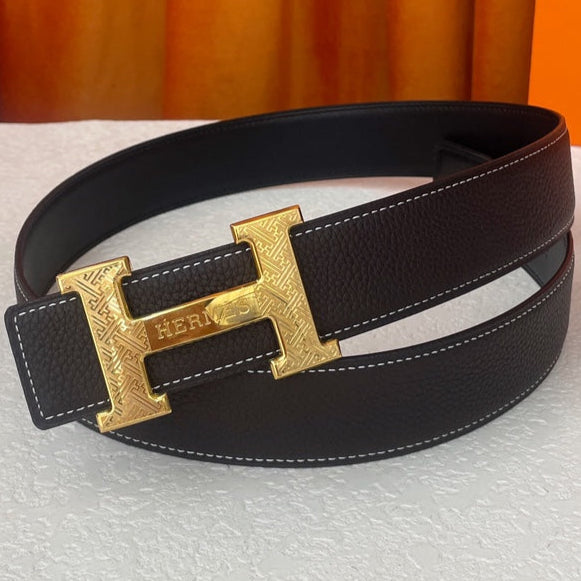 HM Gold Buckle H Belt 38mm Black Brown Calfskin 187185