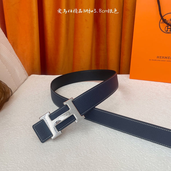 HM Silver Buckle H Belt 38mm Navy Blue Calfskin 187182