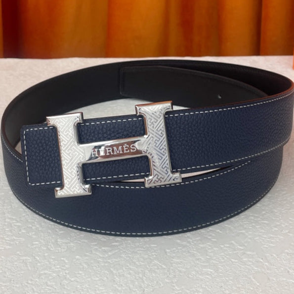 HM Silver Buckle H Belt 38mm Navy Blue Calfskin 187182