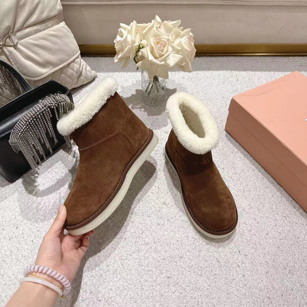 Miu Snow Boots Dark Brown Suede Shearling 455924