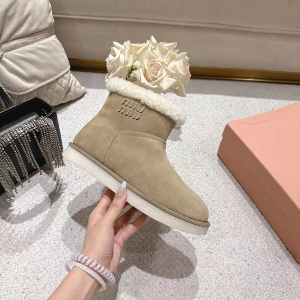 Miu Snow Boots Taupe Suede Shearling 455925