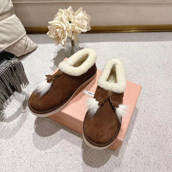 Miu Booties Dark Brown Suede Shearling-Lined with Fur Tassels 455927