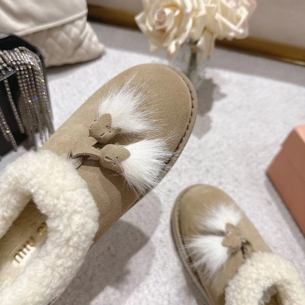 Miu Booties Taupe Suede Shearling-Lined with Fur Tassels 455928