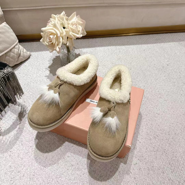 Miu Booties Taupe Suede Shearling-Lined with Fur Tassels 455928