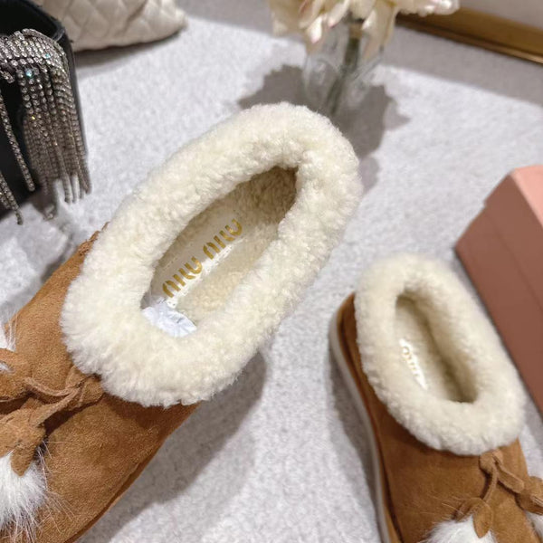 Miu Booties Brown Suede Shearling-Lined with Fur Tassels 455929